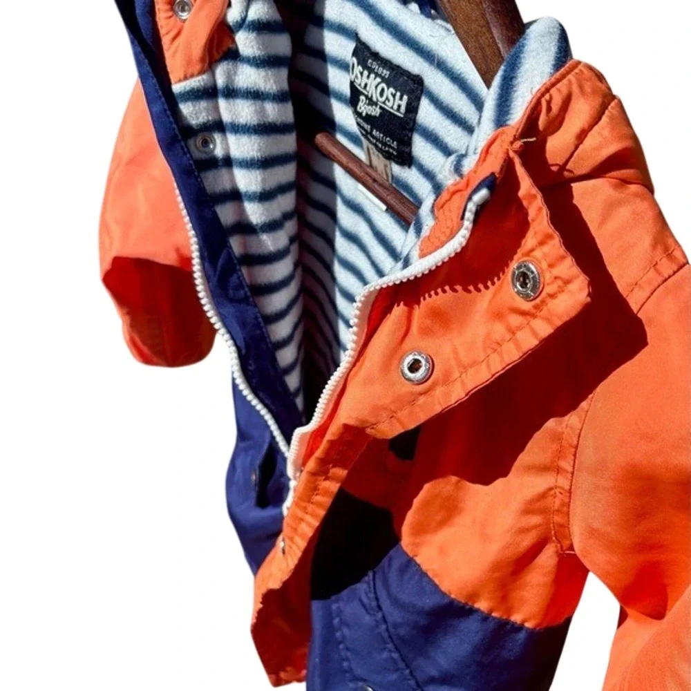 OshKosh‎ B'gosh Windbreaker Kids Size 4 Orange Navy Blue Colorblock Hood GOOD